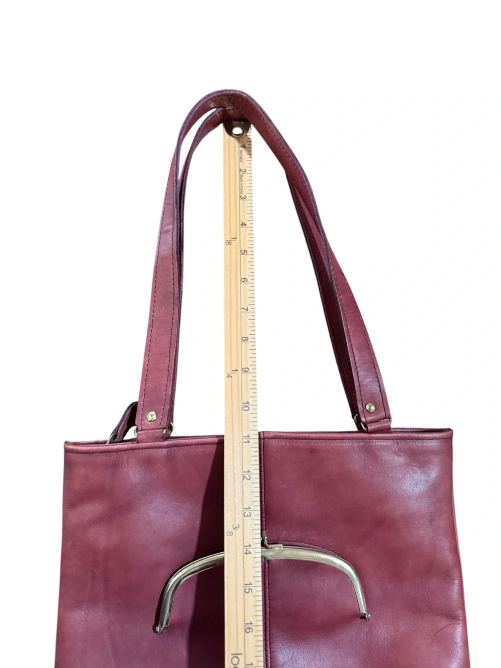 Vintage Leather Tote Oxblood Shoulder Purse Gold Accent Kiss Lock Frame Bag - Picture 8 of 13